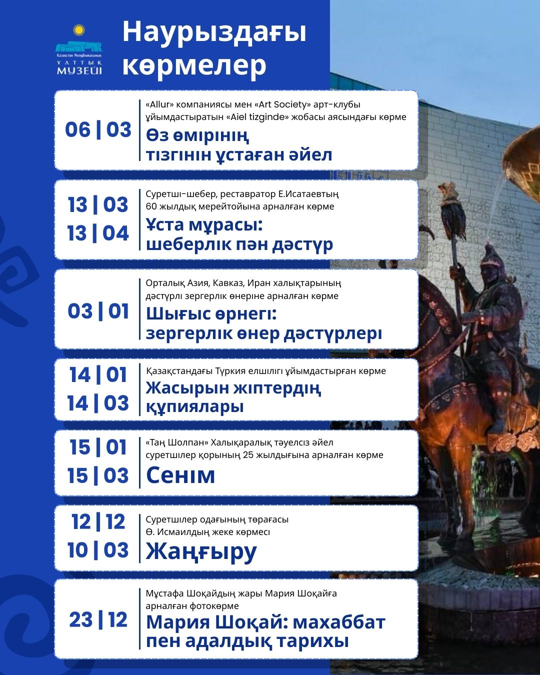 Ұлттық музейде наурызда өтетін көрмелер тізімі