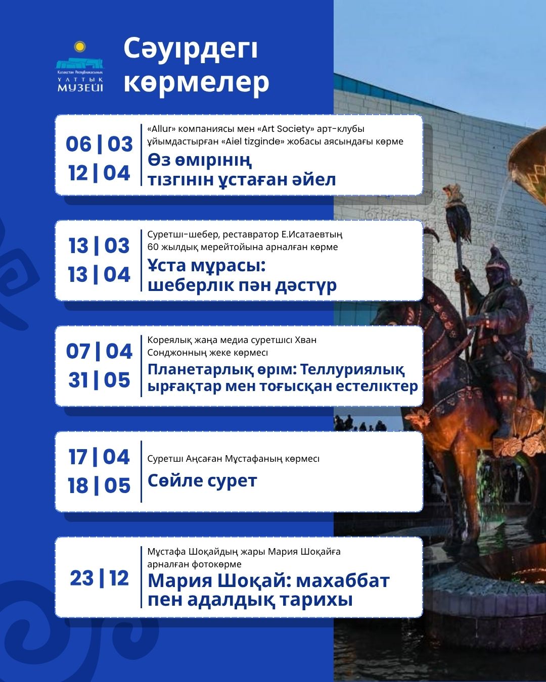 Ұлттық музейде сәуірде өтетін көрмелер тізімі