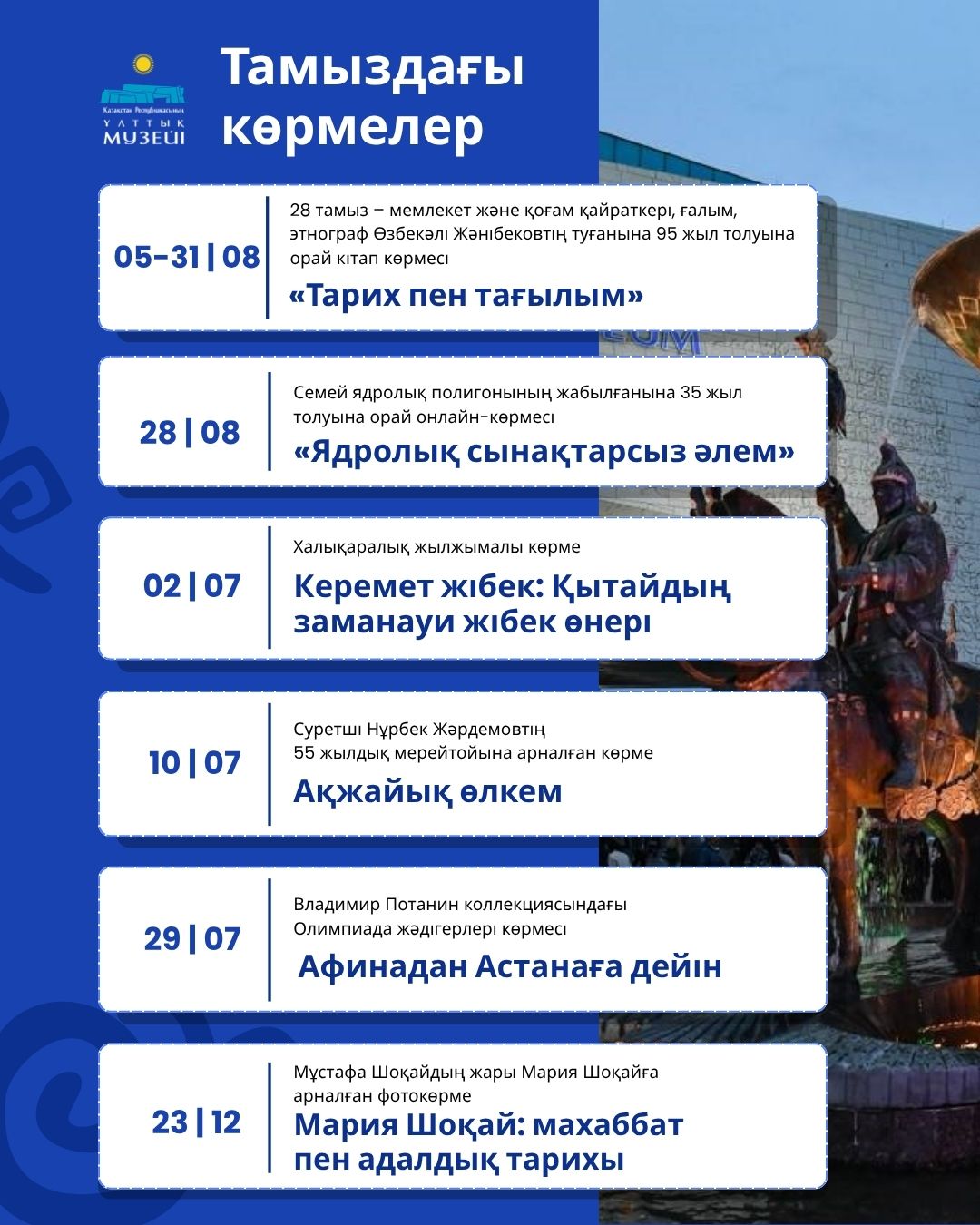 Ұлттық музейде тамызда өтетін көрмелер тізімі
